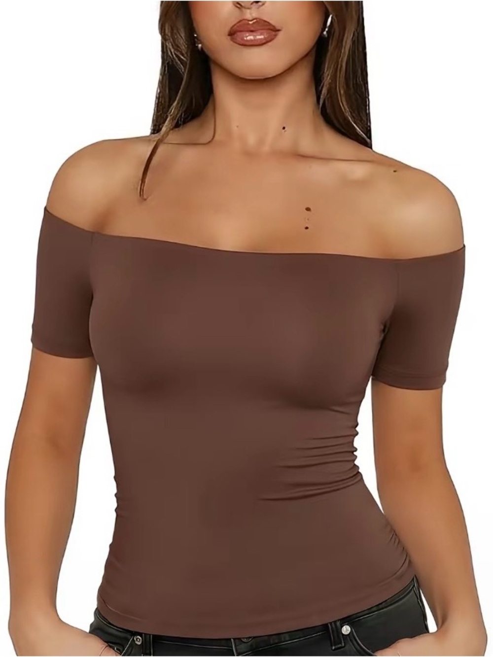 NWT Fisoew Brown Off the Shoulder Fitted Top Short Sleeve Stretch Y2K Large